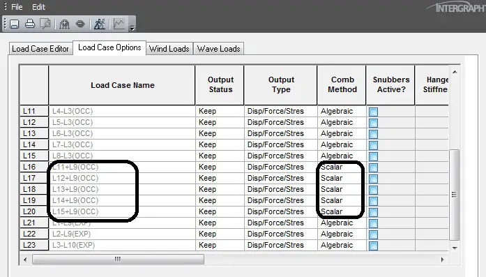 Load case Editor showing load case combination method.