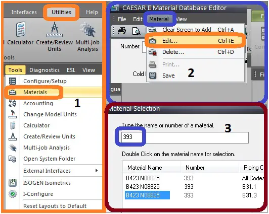 Figure showing the editing procedure for a typical material in Caesar II database value