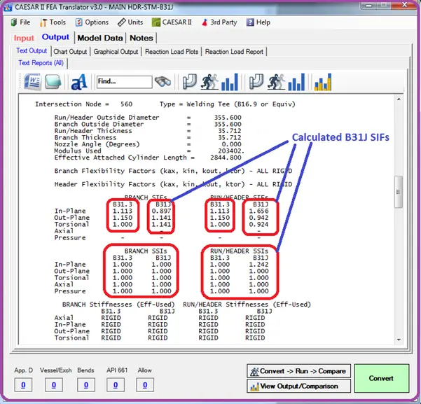 Typical Output SIF results as calculated by B31J module of Caesar II