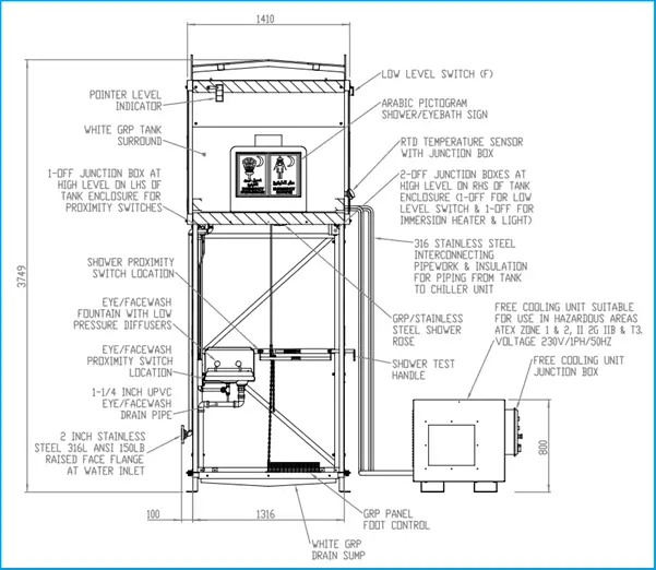 GA drawing of a combination eye wash and safety shower unit