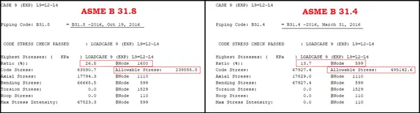 Expansion Stress output for the same system based on ASME B31.8 and ASME B31.4