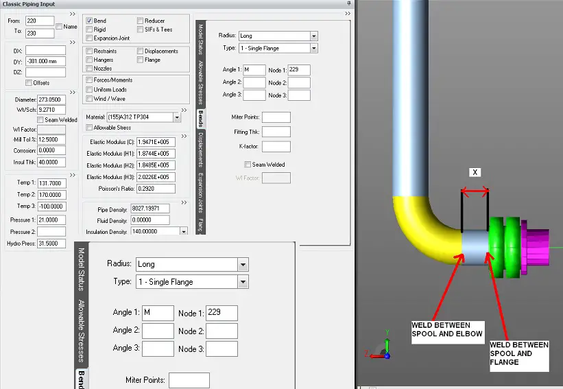 Caesar model showing the flanged bend application criteria