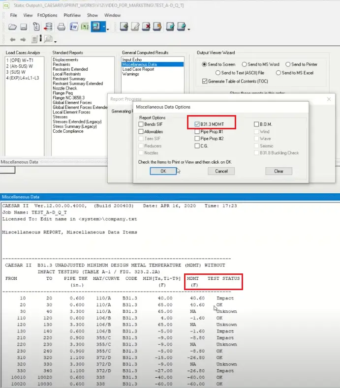 MDMT Test requirements in Caesar II Version 12