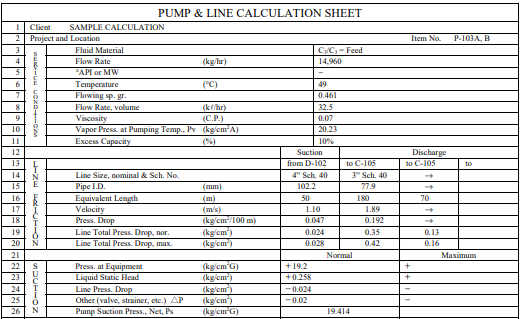 pumps & line calculation sheet