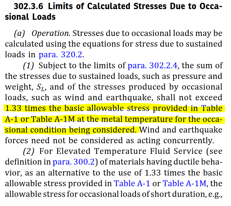 Limits of Calculated Stresses due to Occasional Loads as per ASME B31.3