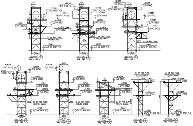 Cross section of Structures at various Towers showing proposed DN 500 Oxygen line 