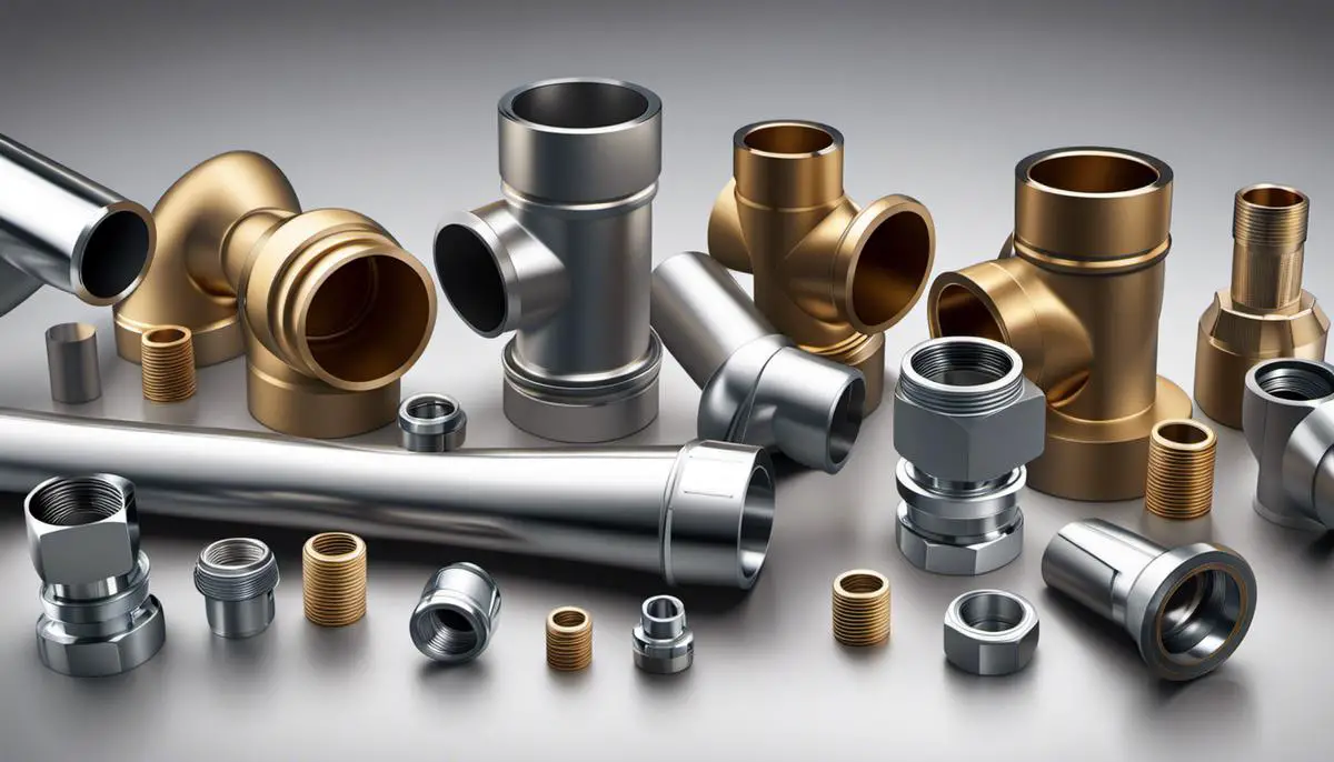 Illustration of different types and sizes of pipe fittings in a plumbing system