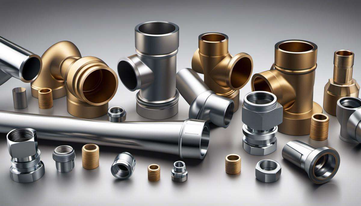 Illustration of different types and sizes of pipe fittings in a plumbing system